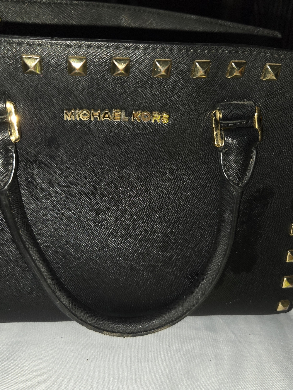 Michael Kors Black Saffiano Leather Studded Satchel with Gold Hardware